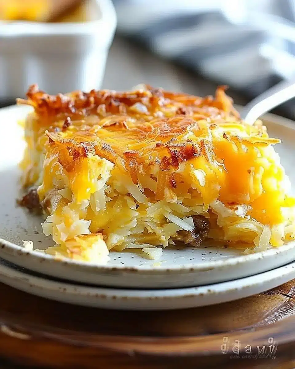 Delicious Hashbrown Breakfast Bake served with eggs and cheese