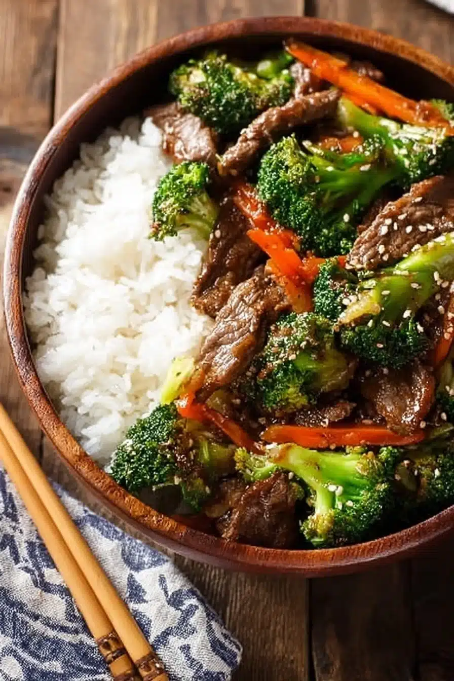 Healthy beef broccoli stir fry dish served in a bowl with vibrant colors