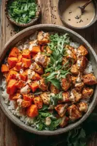 Healthy chicken rice bowl with sweet potatoes and vegetables