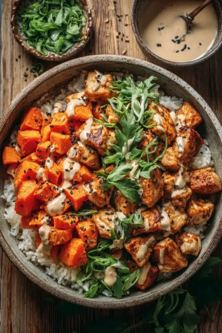 Healthy chicken rice bowl with sweet potatoes and vegetables