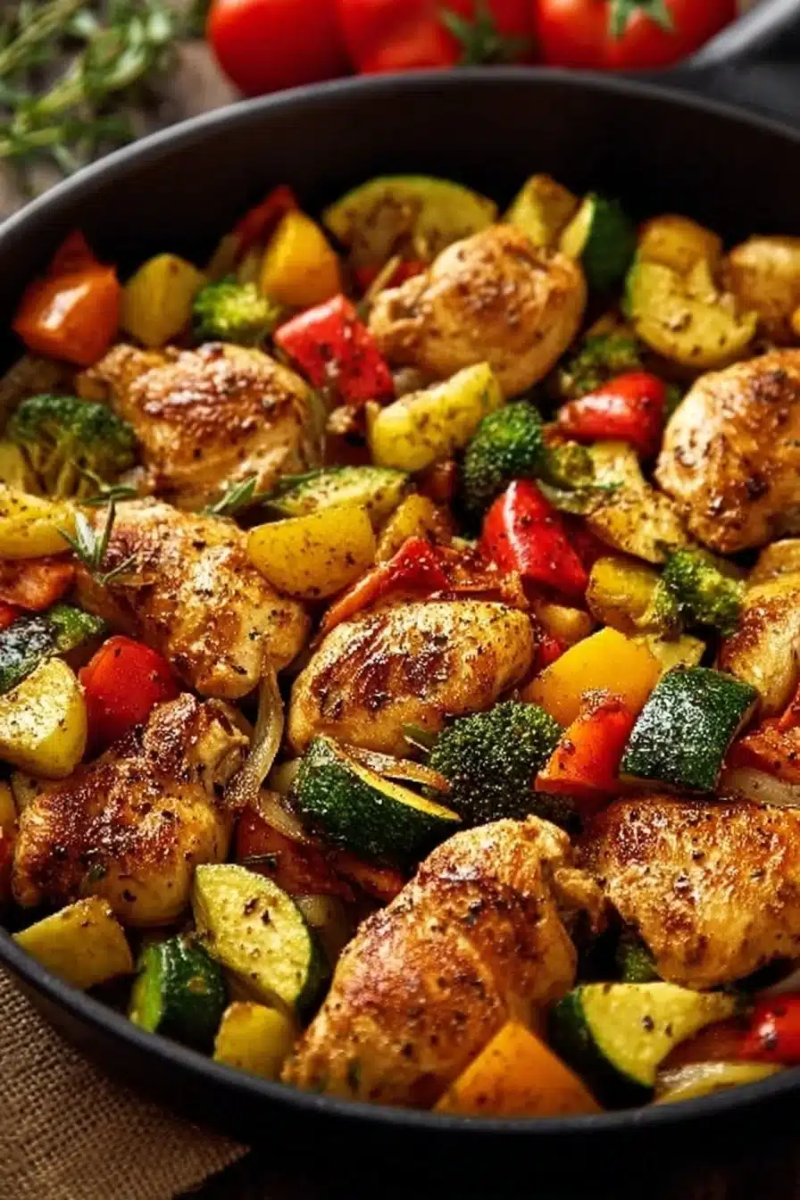 Healthy chicken and vegetables skillet dish cooked in a frying pan