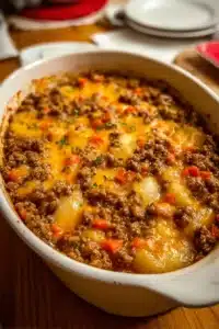 Hobo Casserole made with ground beef and vegetables in a baking dish