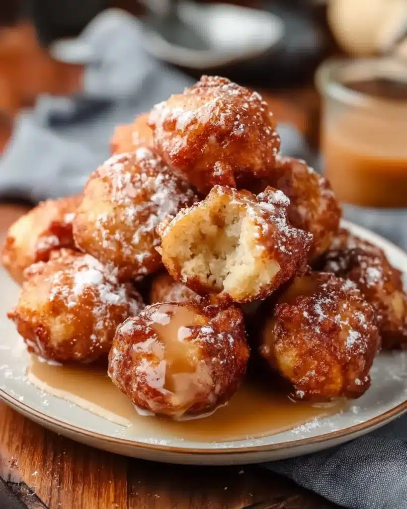 Delicious homemade apple fritter bites with a crispy golden exterior.