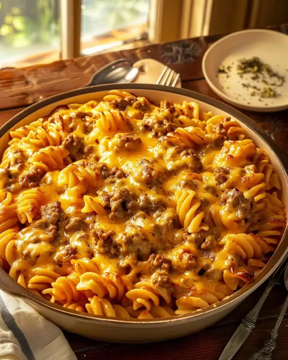 Homemade Hamburger Helper dish served in a bowl with spoon
