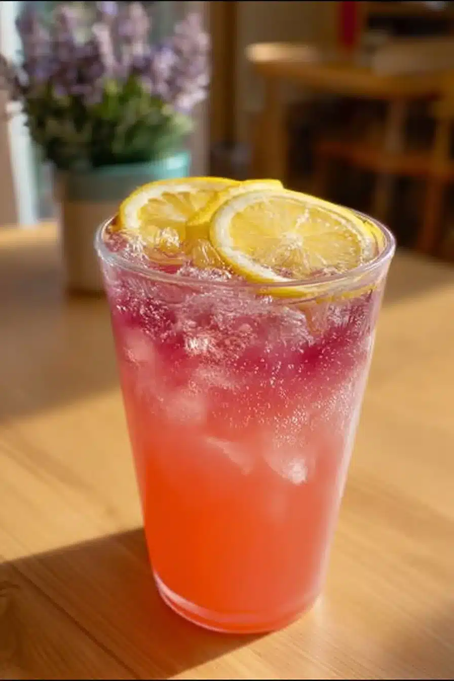 Refreshing Honey Lemon Pink Soda served in a glass with ice and a lemon slice