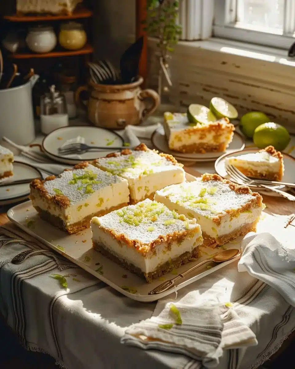 Delicious Key Lime Pie Bars on a white plate with lime slices.