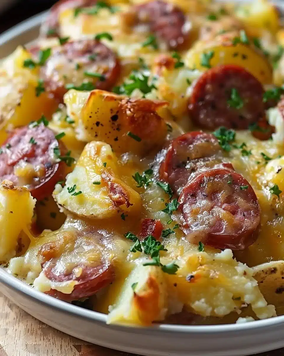 Delicious Kielbasa Potato Casserole served in a baking dish