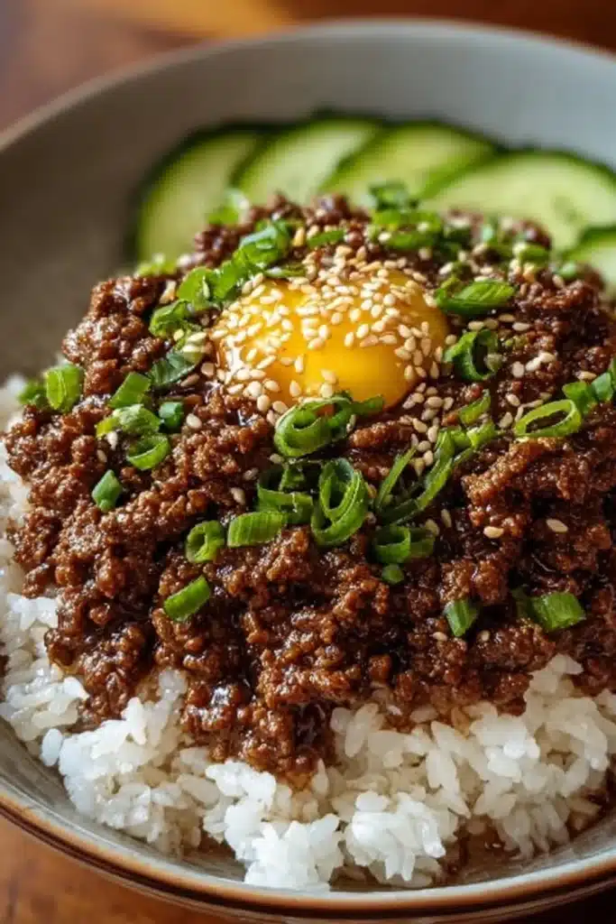 Delicious Korean Ground Beef Bowl with vegetables and rice