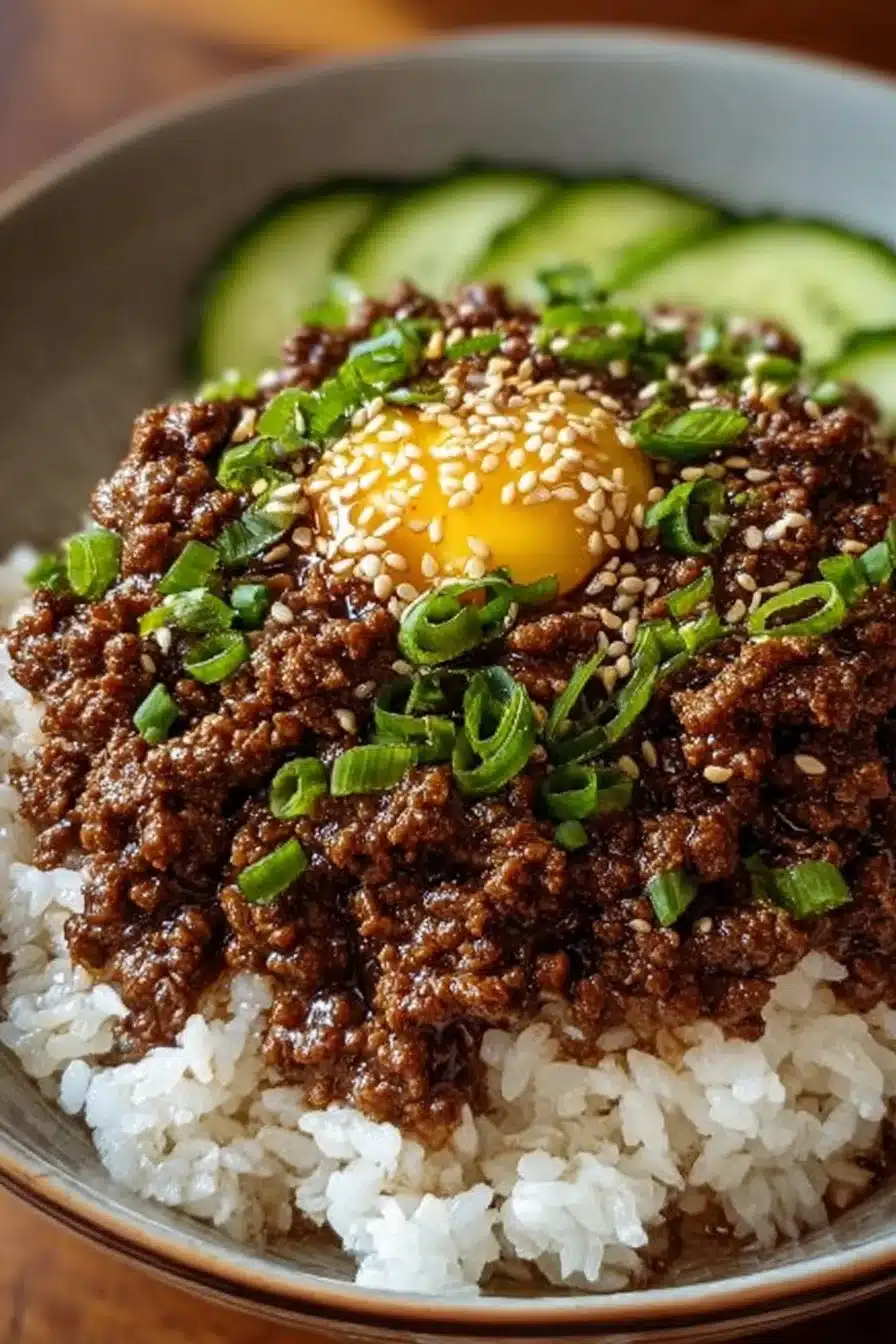 Delicious Korean Ground Beef Bowl with vegetables and rice