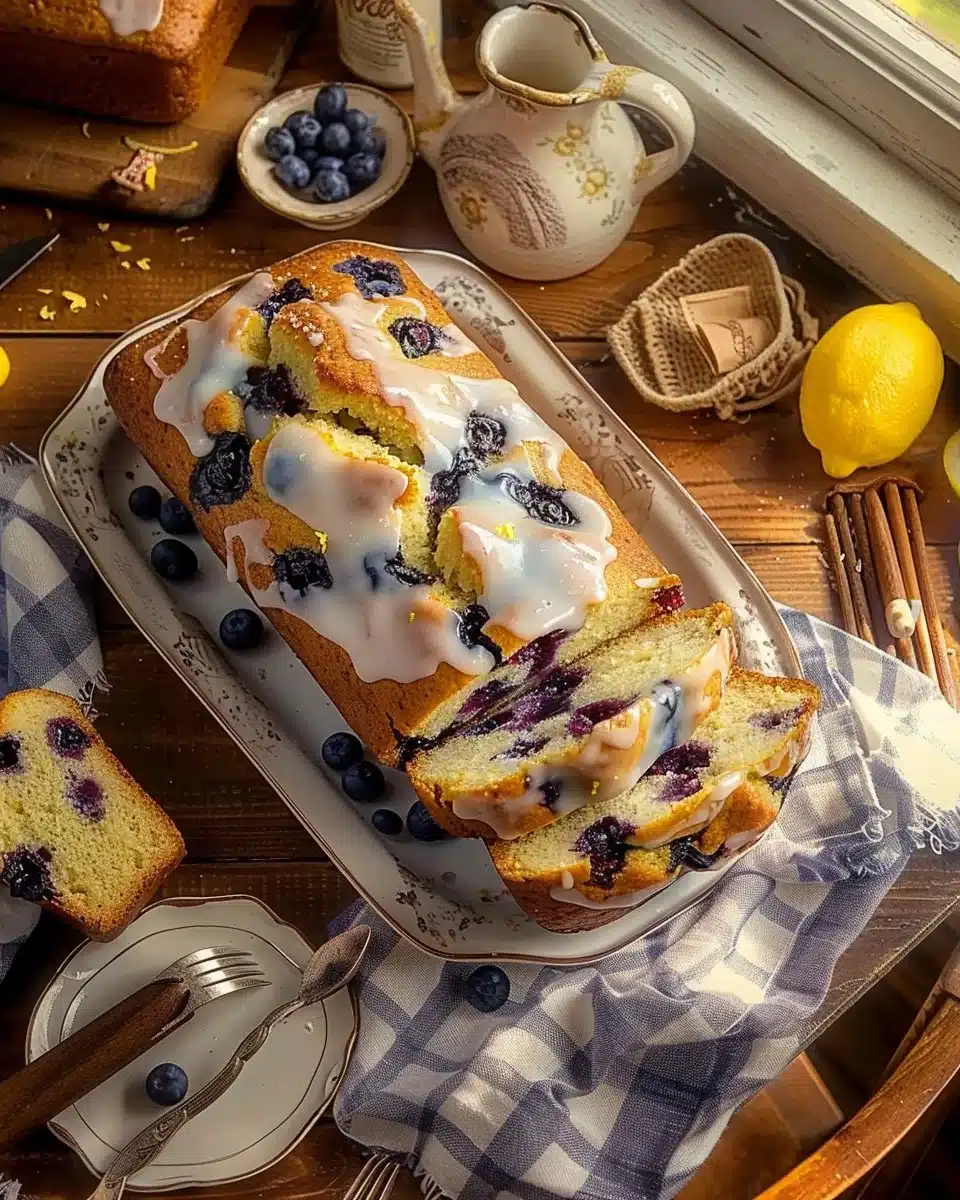 Delicious lemon blueberry bread with a bright lemon glaze on top