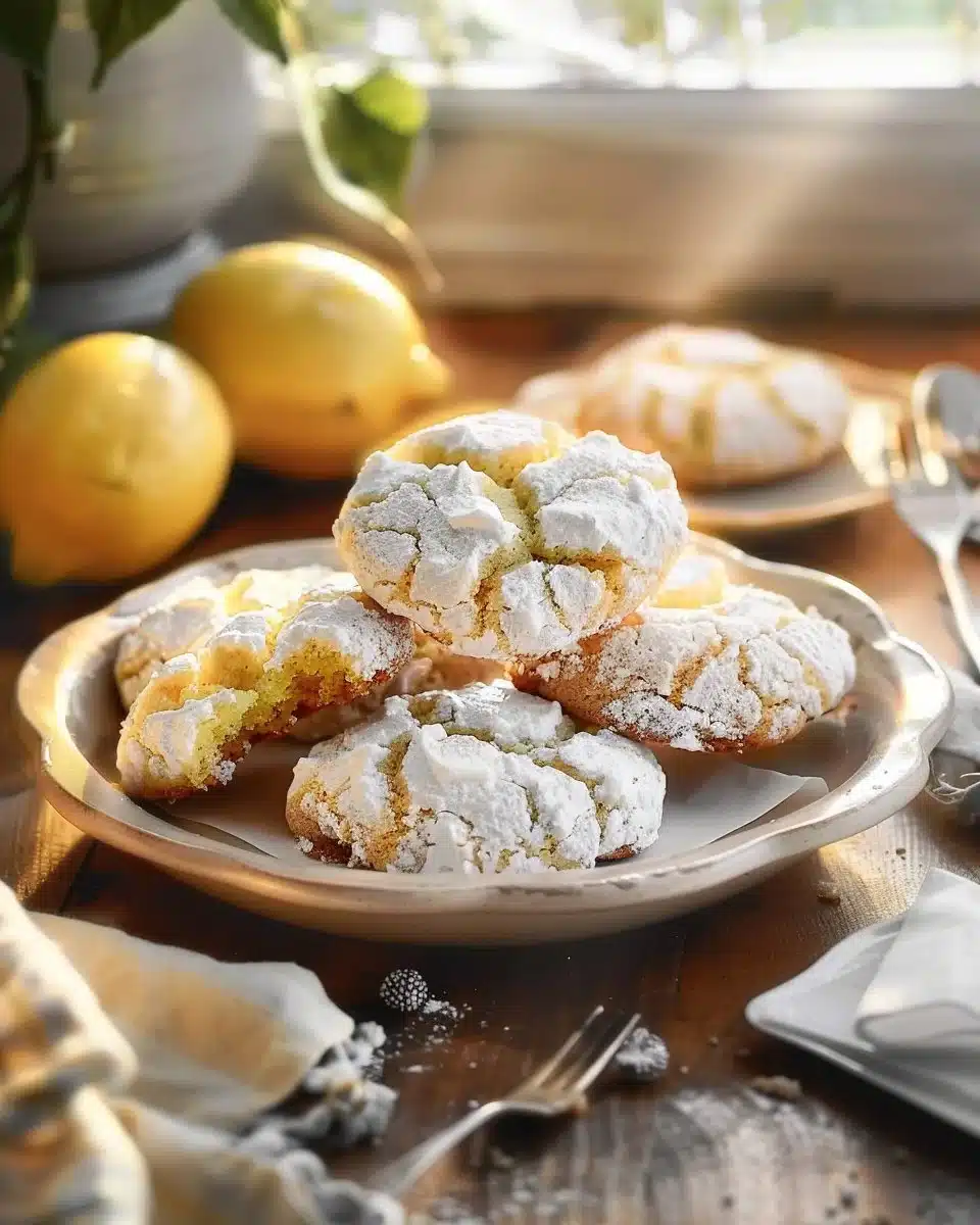 Freshly baked Lemon Crinkle Cookies dusted with powdered sugar