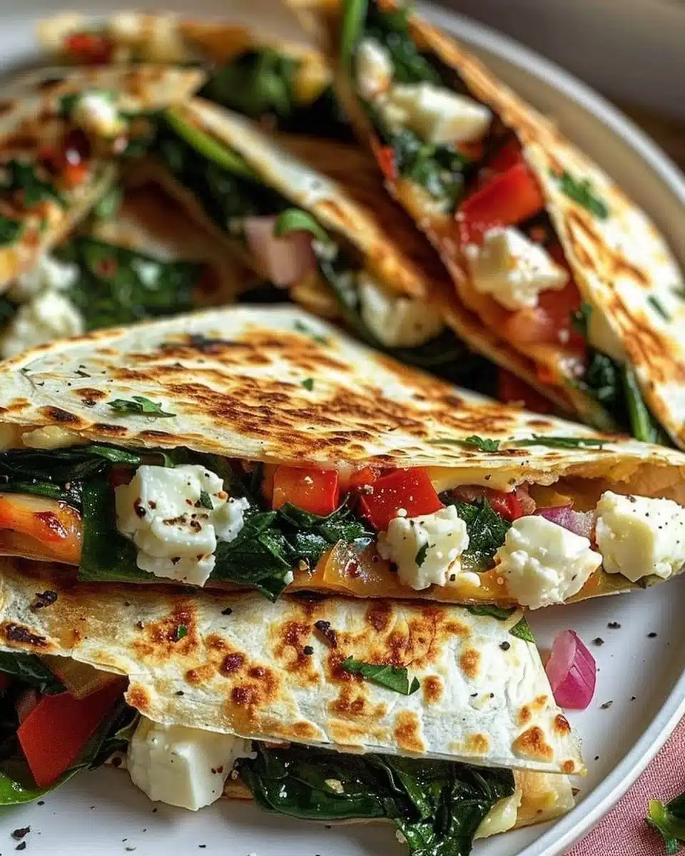 Mediterranean Quesadillas with Spinach, Feta, Mozzarella, and Red Onion