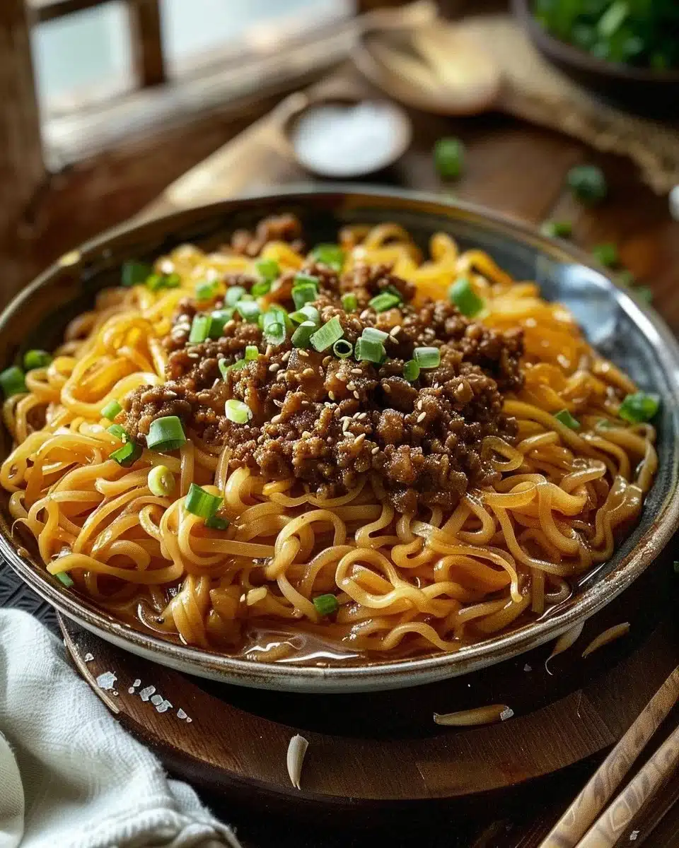 Plate of Mongolian Ground Beef Noodles garnished with green onions