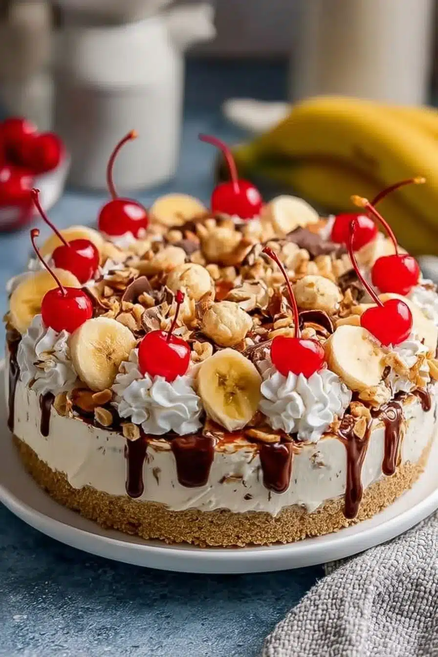 Delicious no bake banana split cheesecake with banana slices and whipped cream.