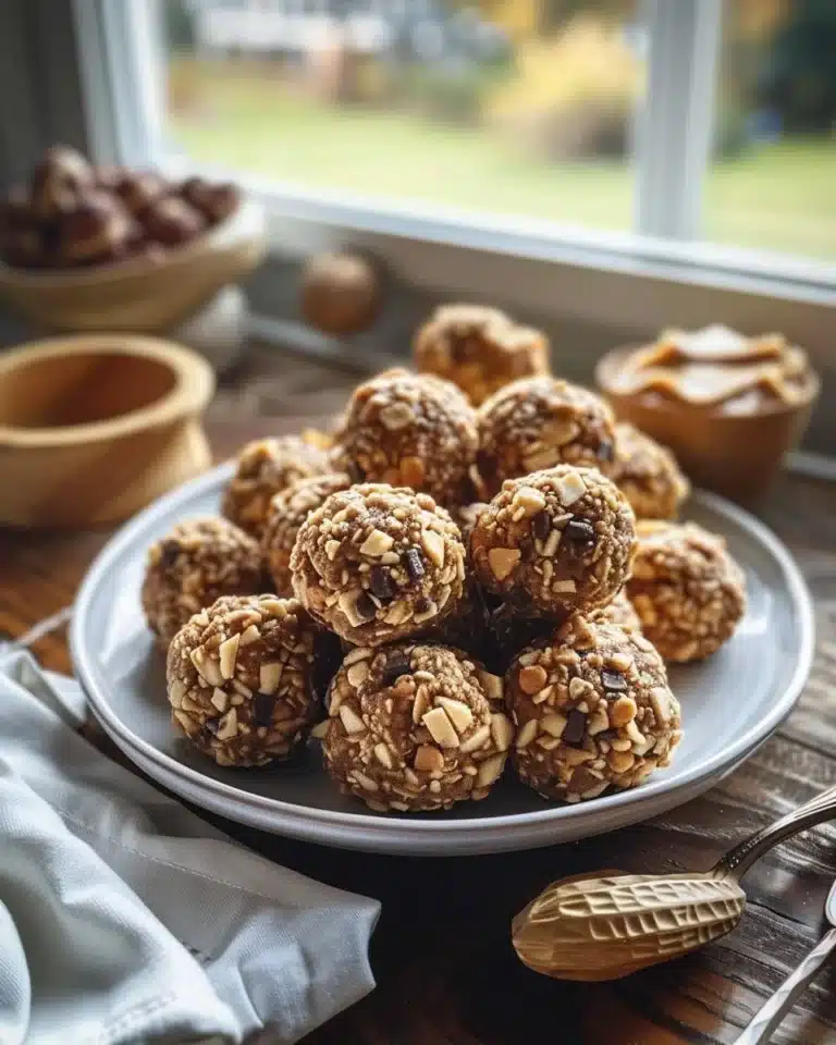 No-bake peanut butter energy bites in a bowl with ingredients around them