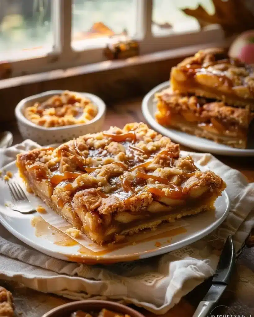 Salted Caramel Apple Pie Bars with a golden crust and rich caramel drizzle