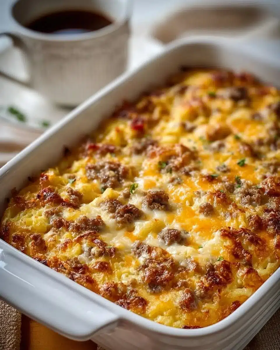 Sausage Hash Brown Breakfast Casserole fresh out of the oven