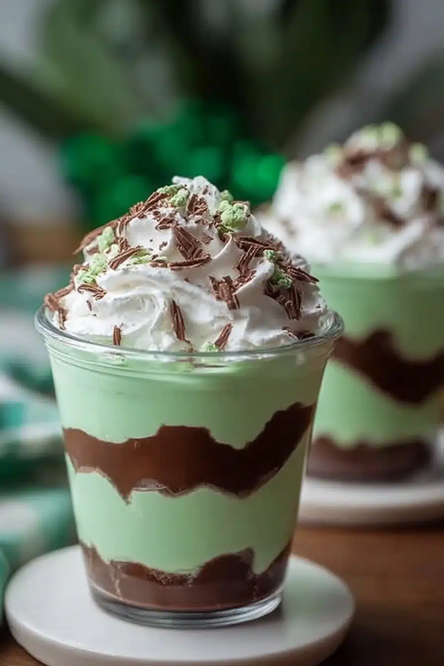 Shamrock Shake pudding cups in a festive green color topped with whipped cream.