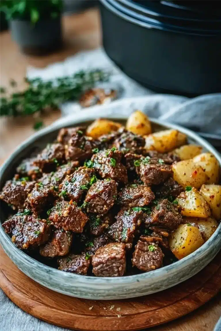 Delicious slow cooker garlic butter beef bites served on a plate.