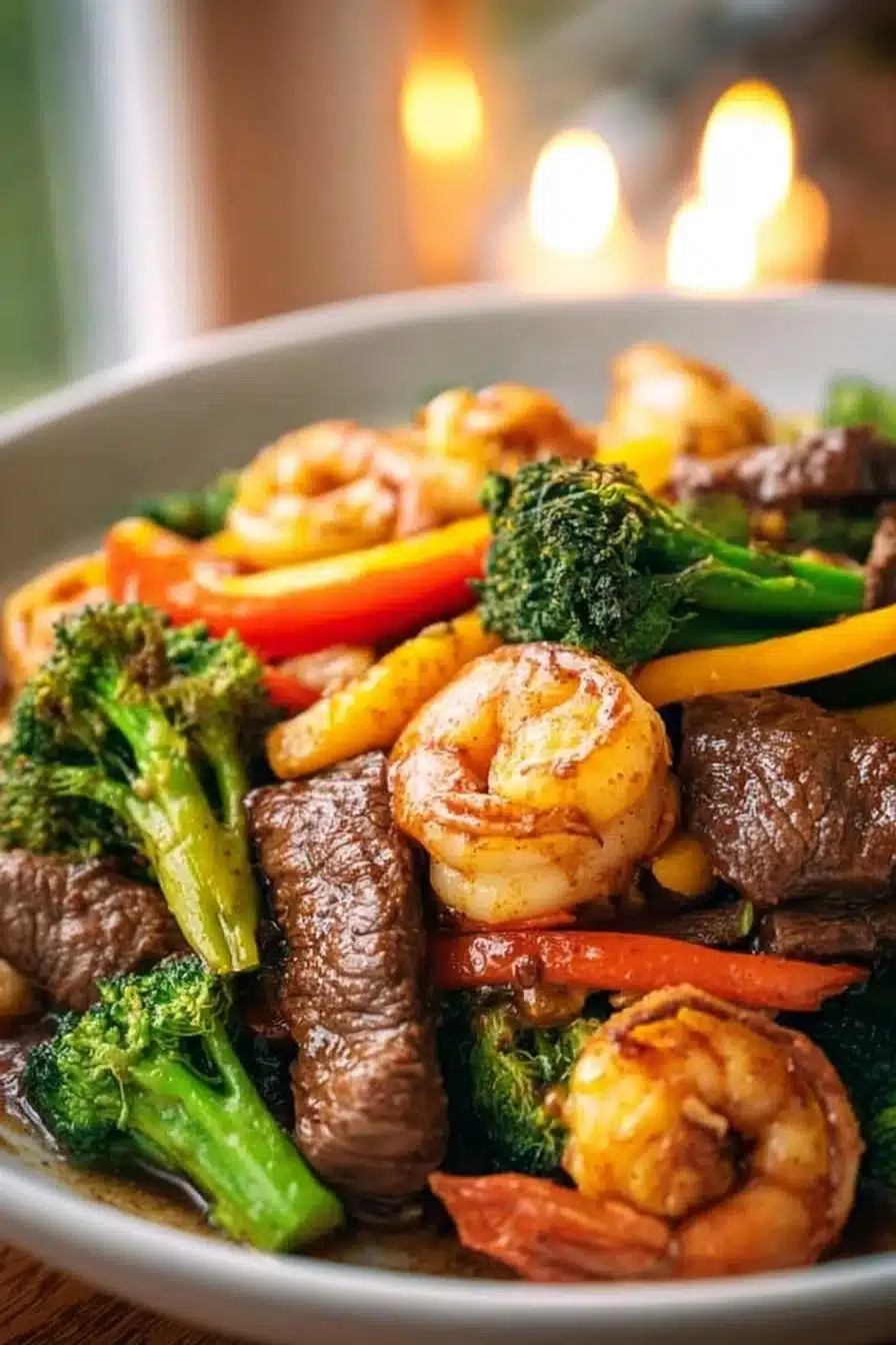 Delicious Steak Stir-Fry with shrimp served in a colorful dish