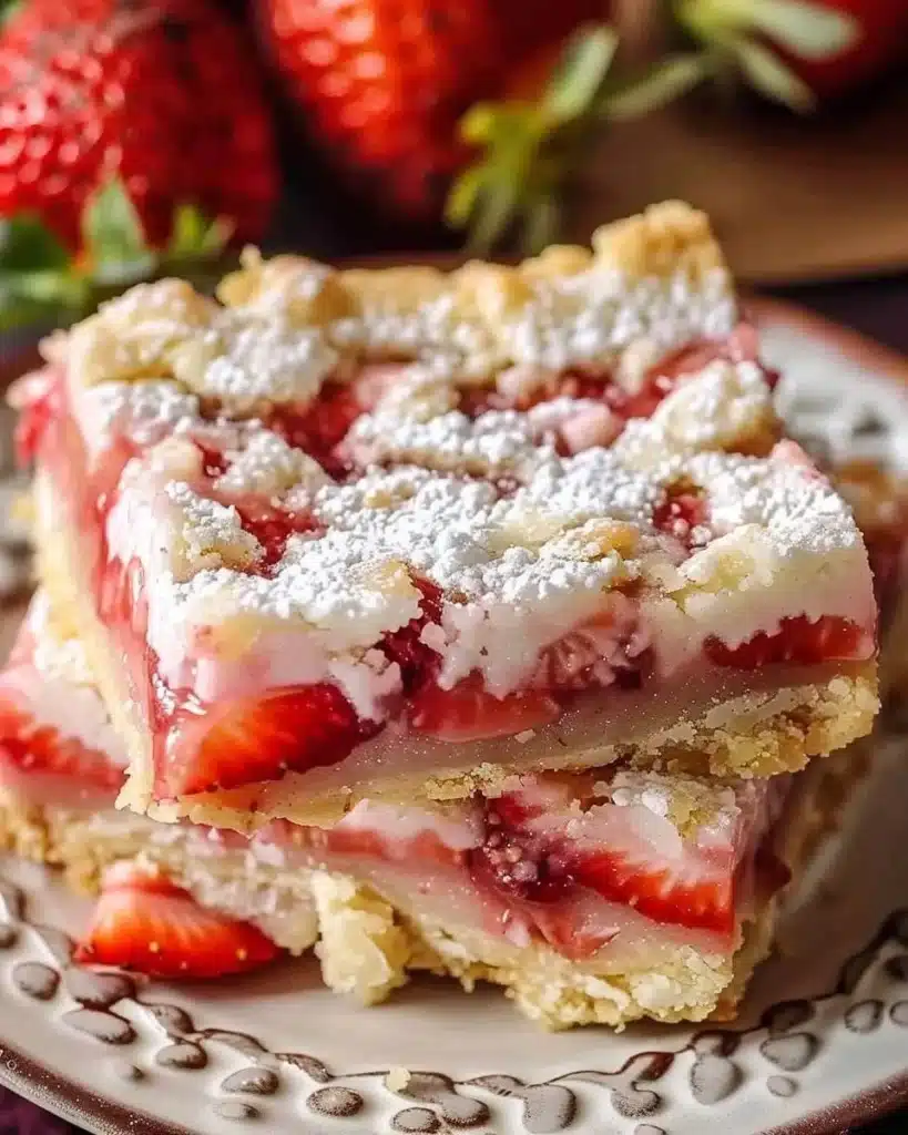 Delicious strawberry shortcake bars topped with fresh strawberries and whipped cream