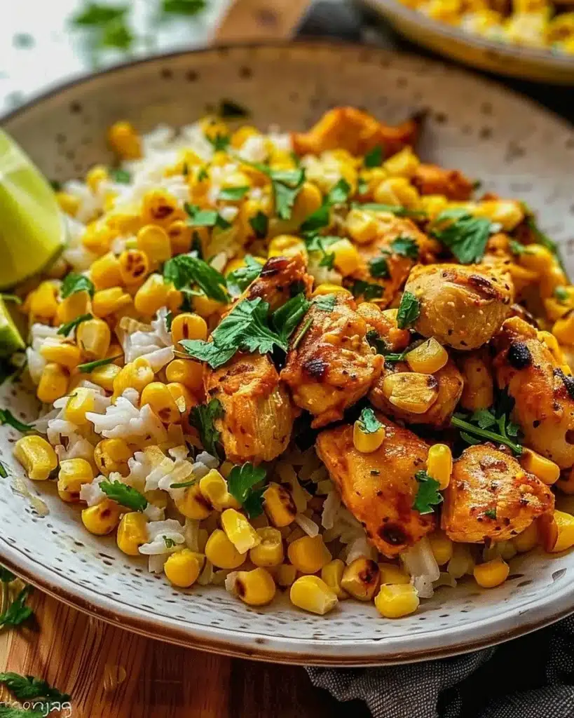 Delicious Street Corn Chicken Bowl with corn, chicken, and fresh toppings