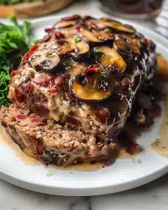 Delicious Swiss Mushroom Meatloaf served with a side of vegetables