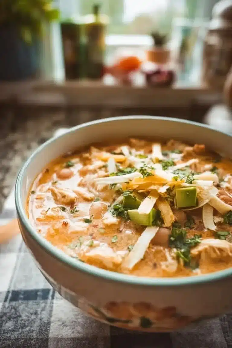 A bowl of creamy White Chicken Chili garnished with cilantro and lime