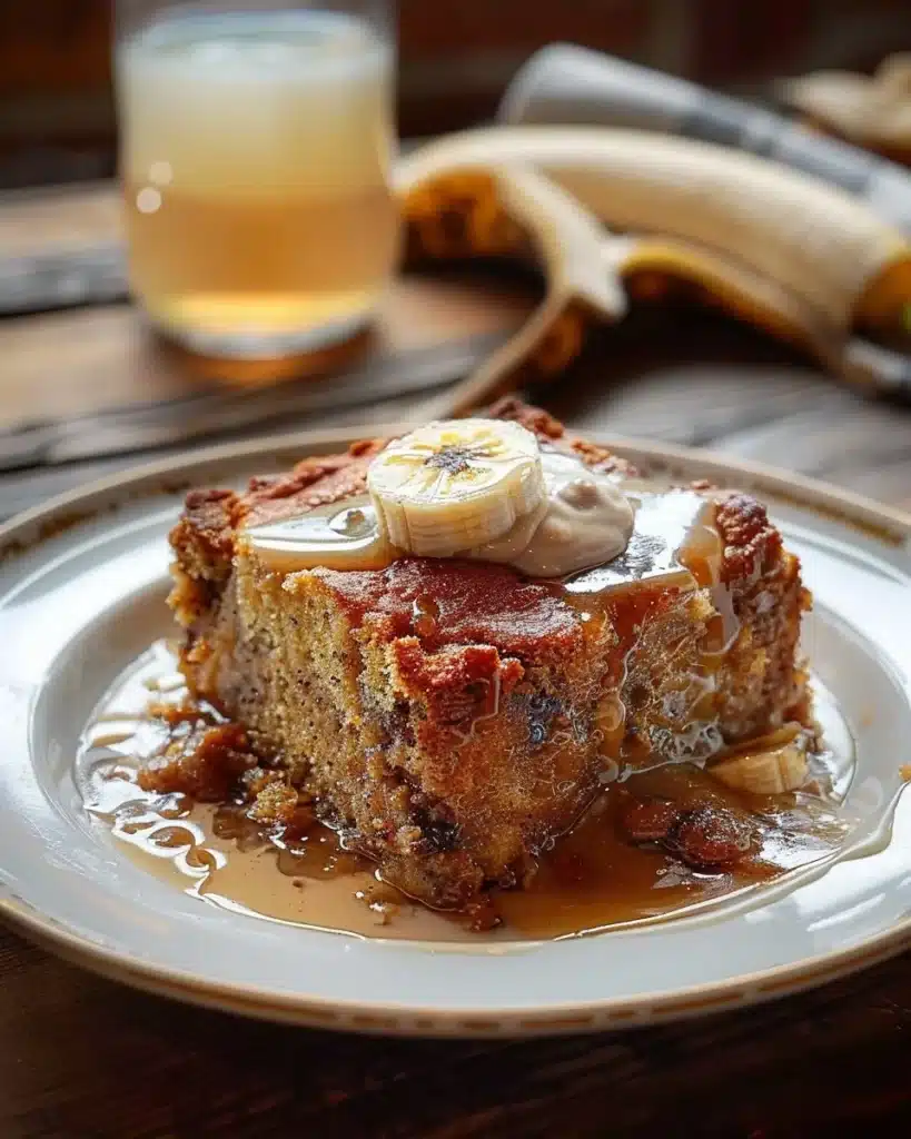 Delicious banana bread pudding cake with rich flavors and golden crust