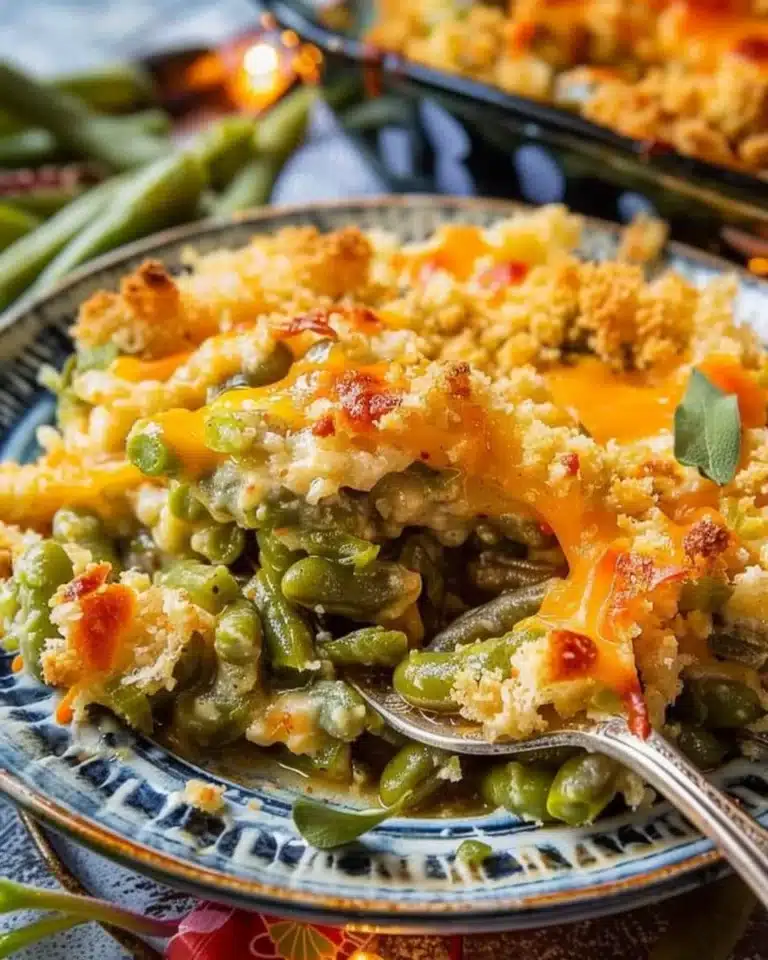 Cheddar green bean casserole topped with crispy onions and melted cheese.