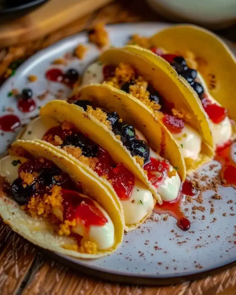 Delicious cheesecake dessert tacos topped with fresh berries and whipped cream