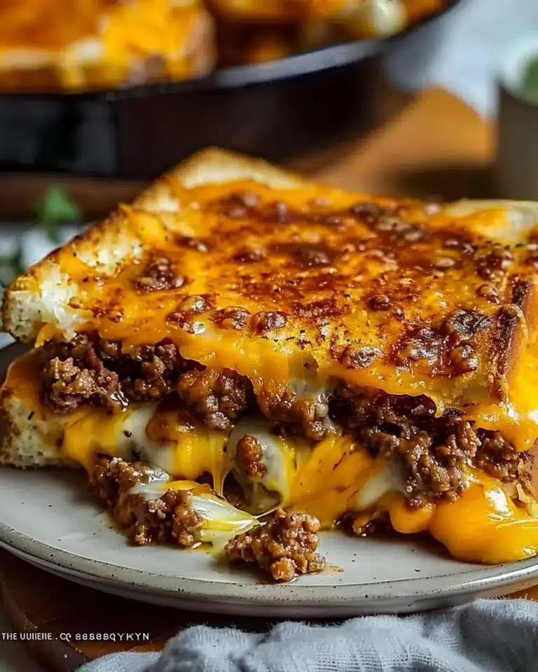 Delicious Cheesy Ground Beef Melt served with toppings.