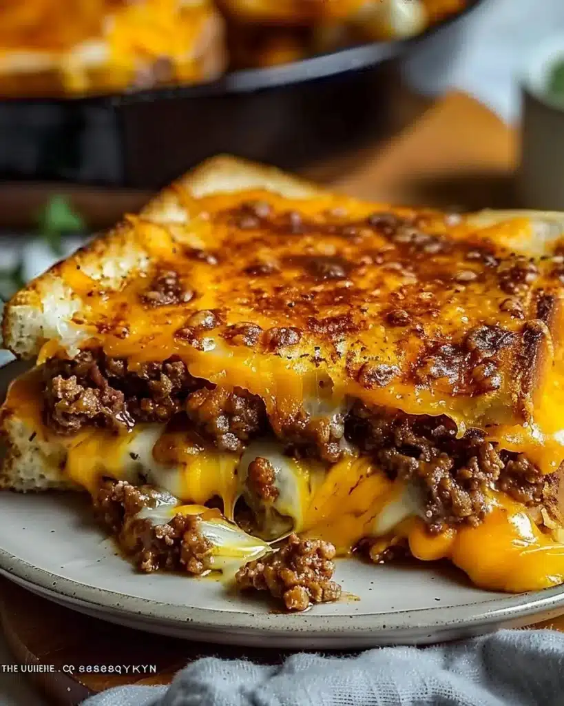 Delicious Cheesy Ground Beef Melt served with toppings.