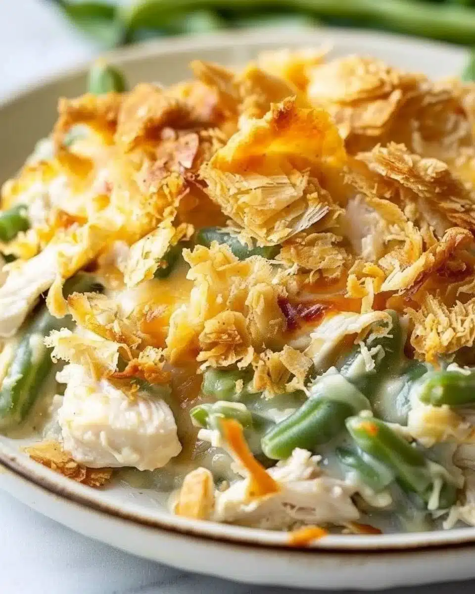Delicious Chicken Green Bean Casserole served in a baking dish