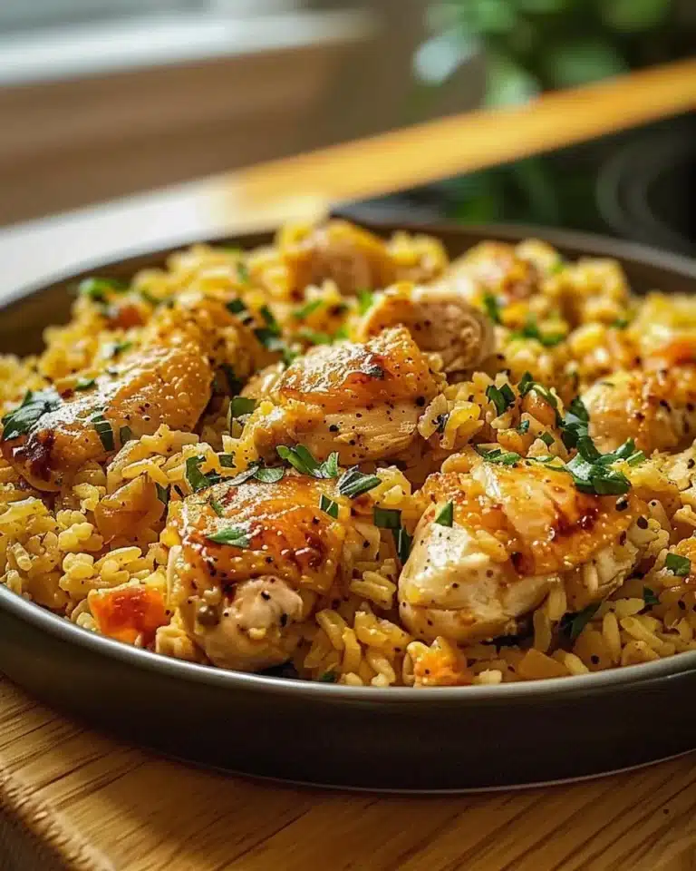 Delicious Chicken & Rice Bake served on a plate, garnished with herbs.