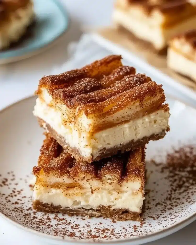 Churro Cheesecake Bars with a cinnamon-sugar topping on a dessert plate
