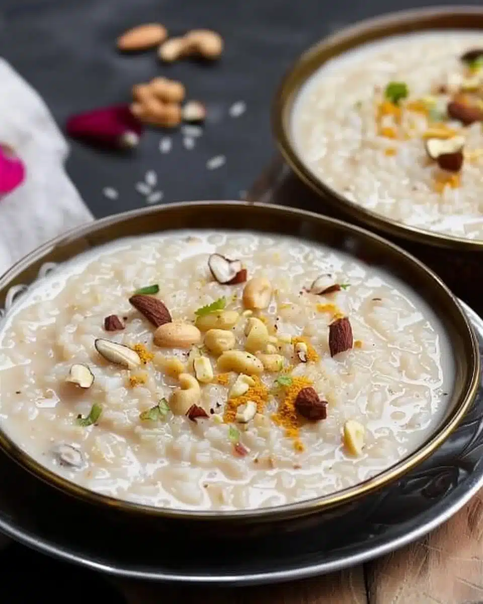 A bowl of classic rice kheer garnished with nuts and saffron, an Indian dessert.