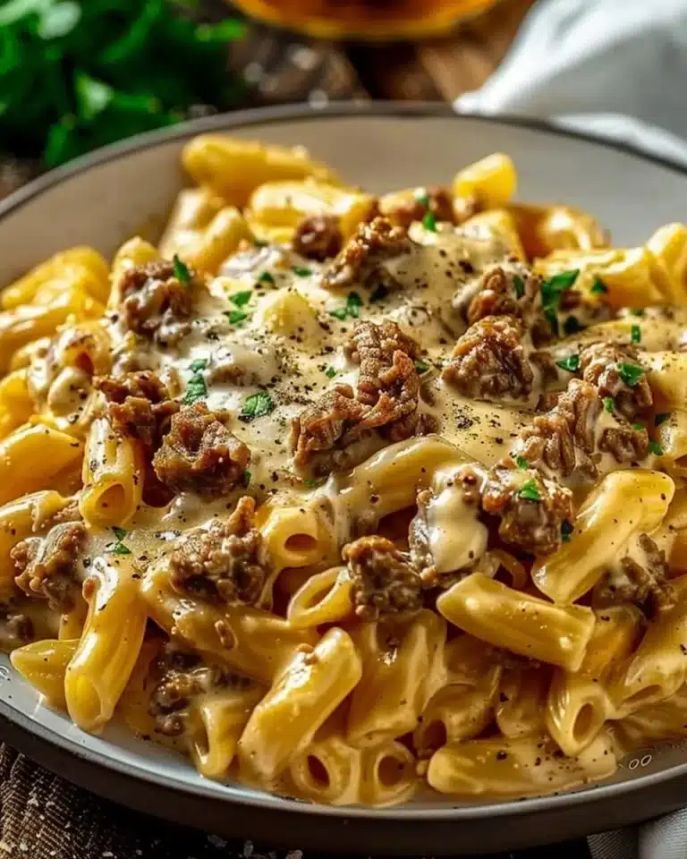 Creamy beef protein pasta dish garnished with herbs for a nutritious meal