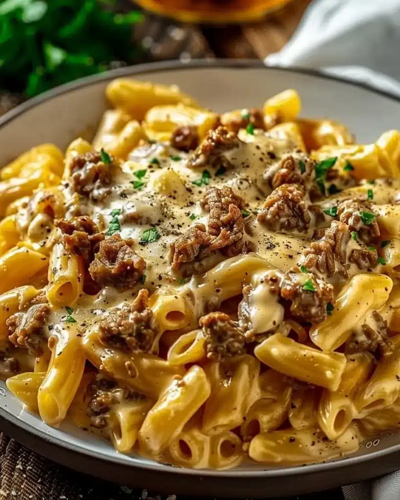 Creamy beef protein pasta dish garnished with herbs for a nutritious meal