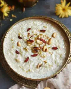 A bowl of creamy rice kheer topped with nuts and saffron.