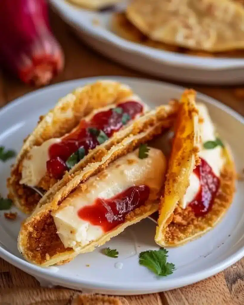 Delicious easy cheesecake tacos filled with creamy cheesecake and topped with fruits