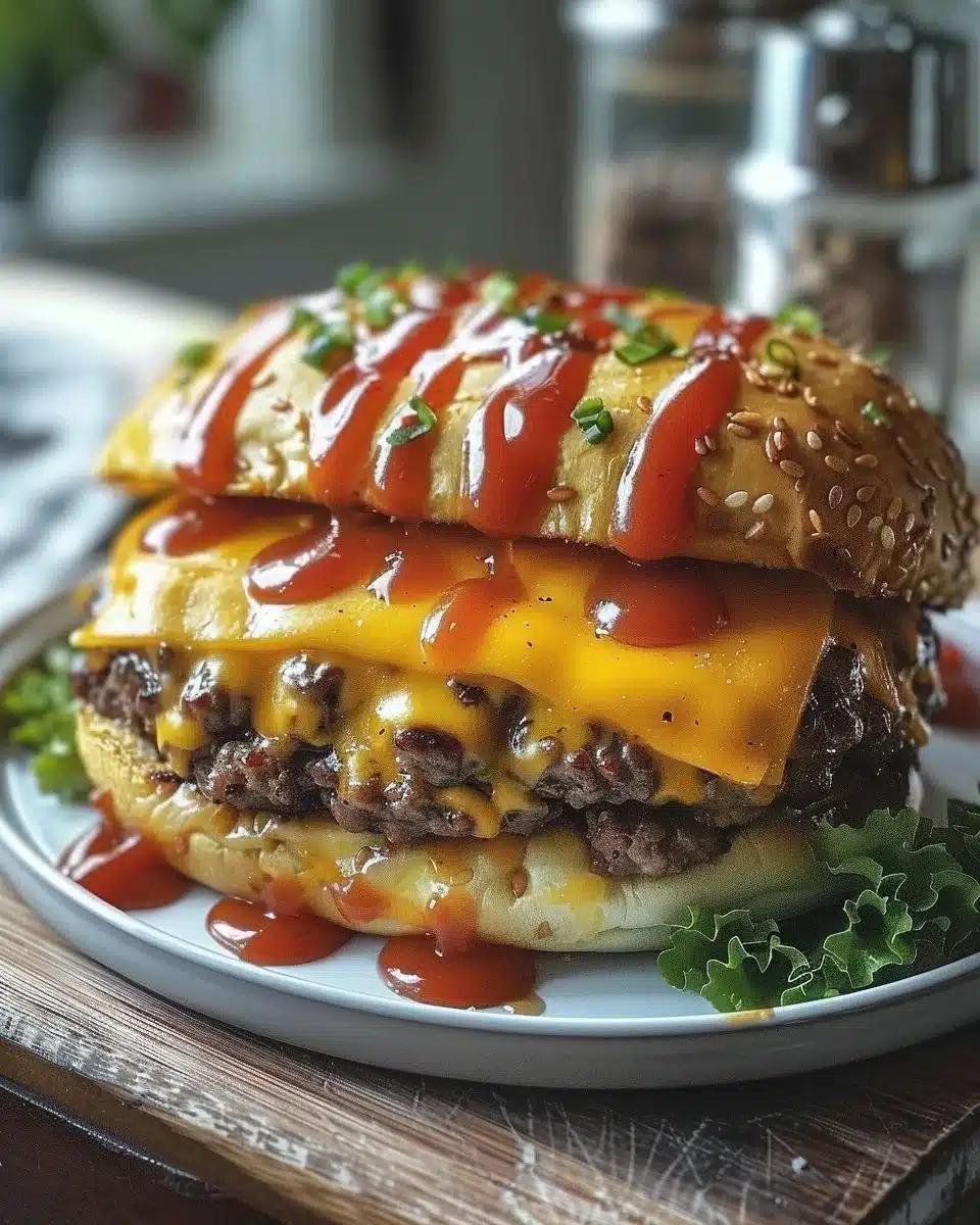 Juicy homemade cheeseburger topped with cheese, lettuce, and tomato on a bun.