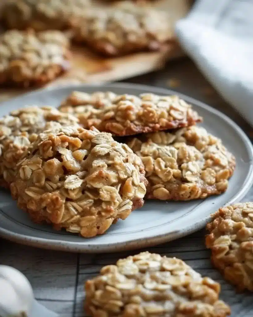 Plate of homemade low sugar oatmeal cookies with oats and raisins