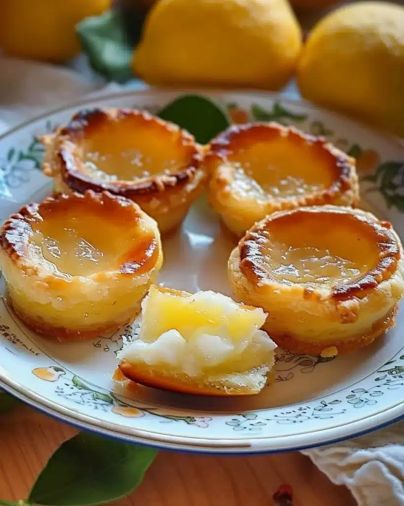 Mini Lemon Impossible Pies served on a plate with fresh lemon slices