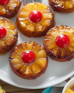 Delicious mini pineapple upside down cakes garnished with cherries.