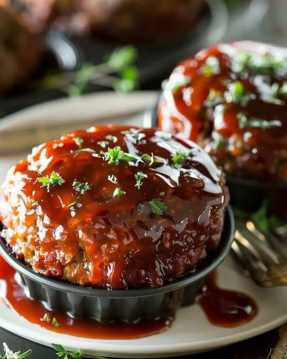 Muffin pan meatloaf served with glaze and fresh herbs
