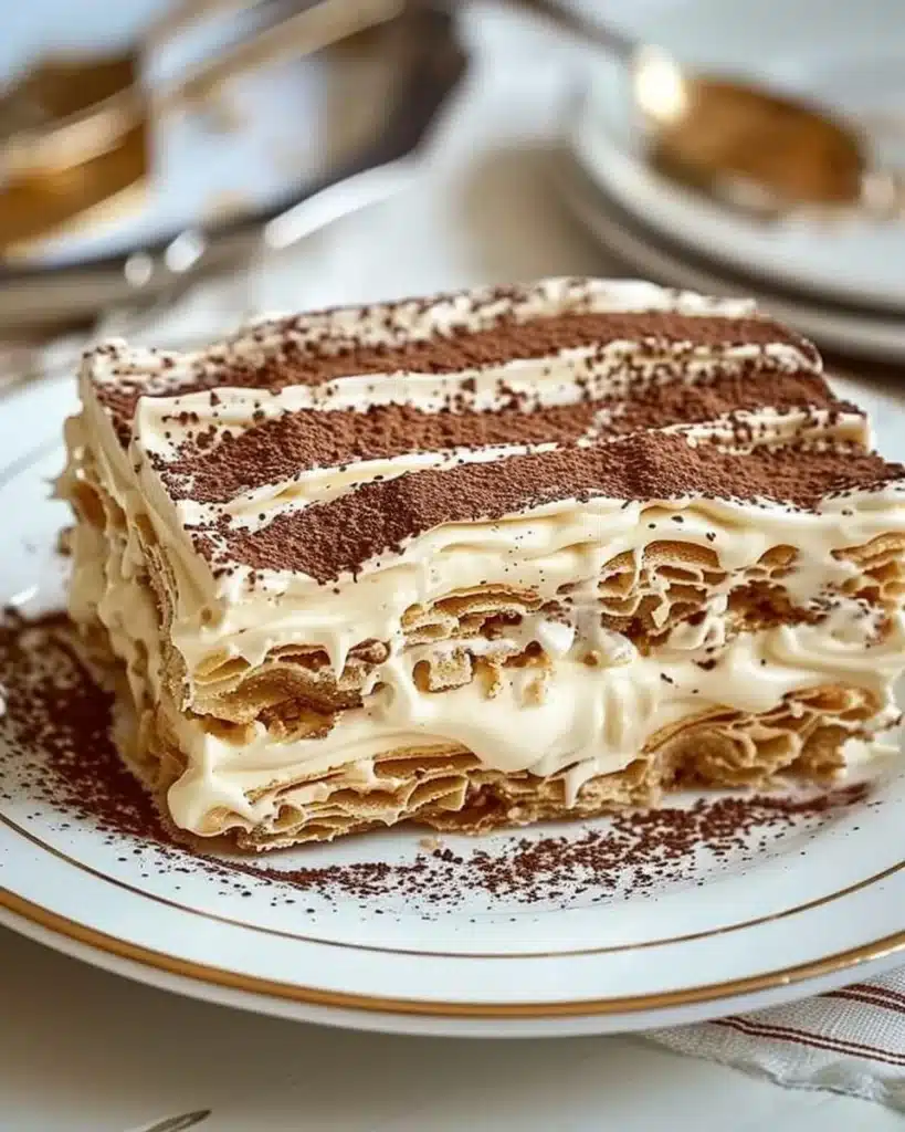 No Bake Eclair Cake topped with chocolate and creamy filling on a plate