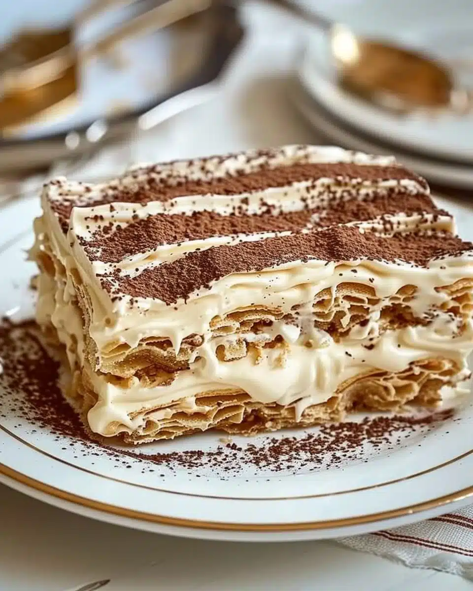 No Bake Eclair Cake topped with chocolate and creamy filling on a plate
