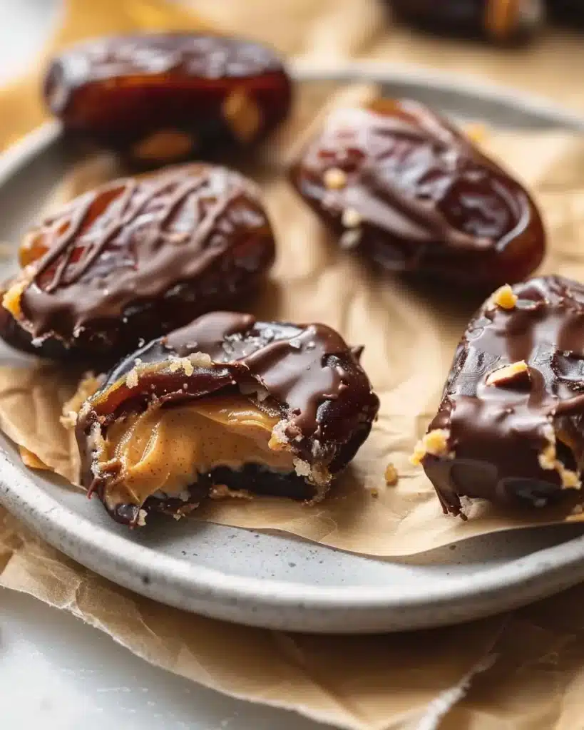 PB Chocolate Dates dipped in rich chocolate and filled with peanut butter