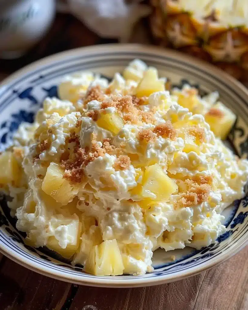 Delicious Pineapple Fluff dessert served in a bowl with pineapple slices